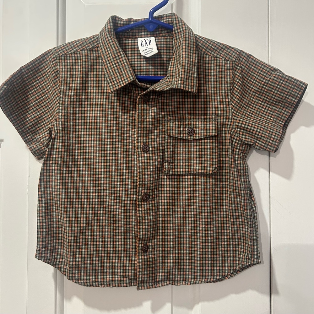 GAP Baby Checkered Shirt - olive, orange and black plaid. 18-24 months. Like new